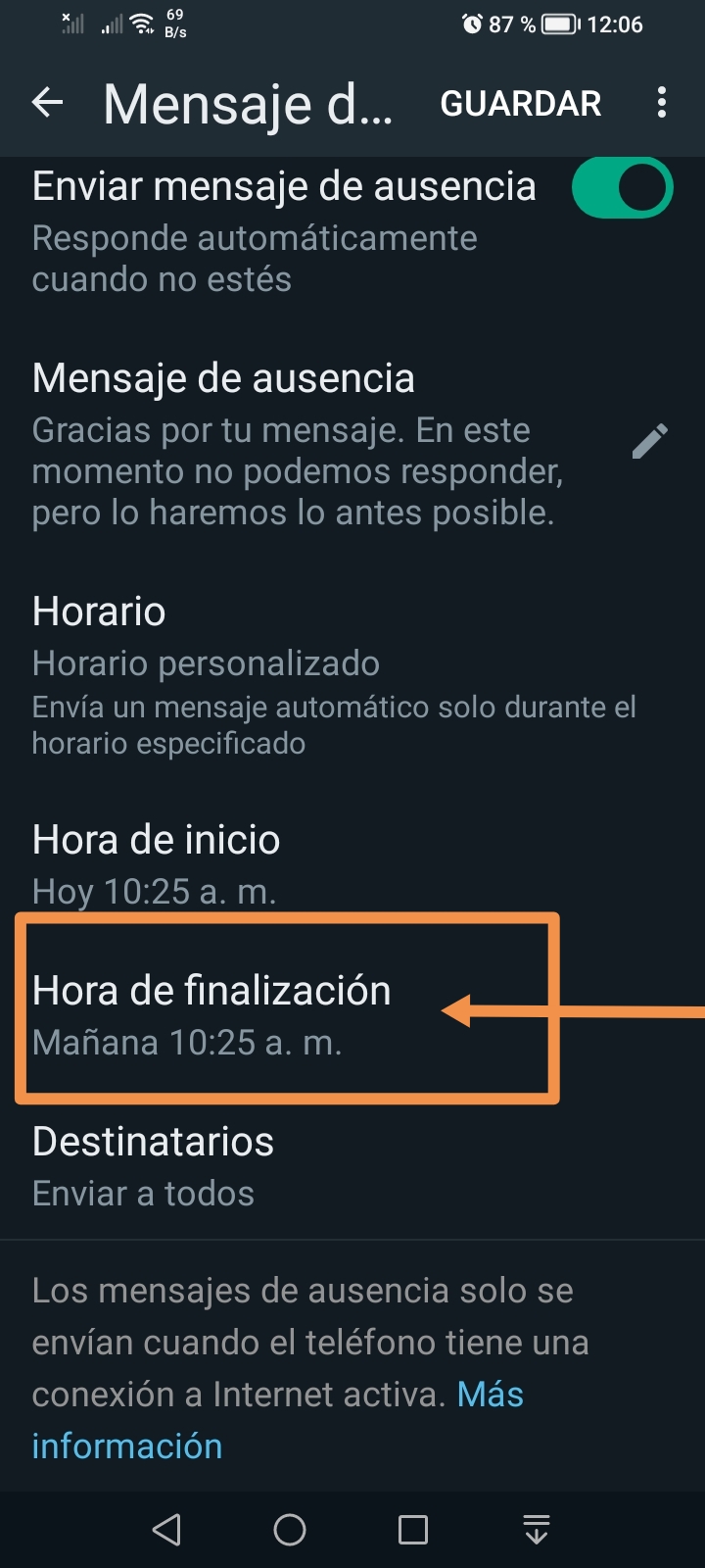 whatsapp hora finalizacion
