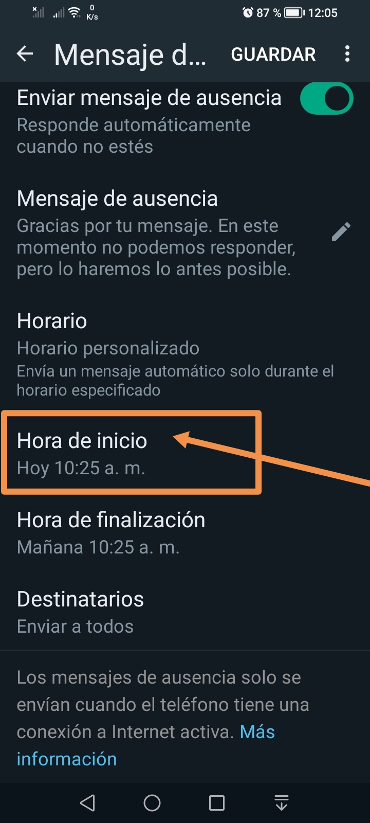 whatsapp hora de inicio
