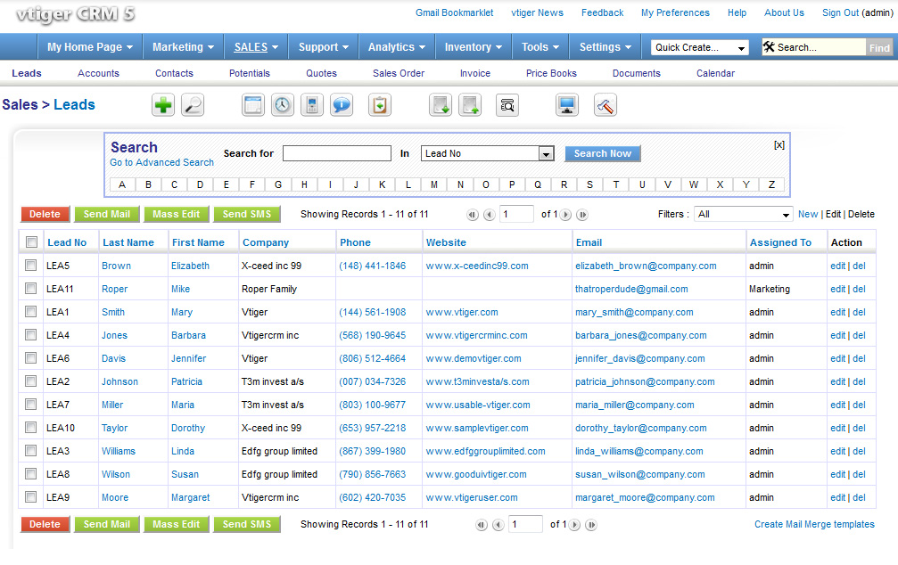 Pantalla demo VTiger CRM en Hostgreen